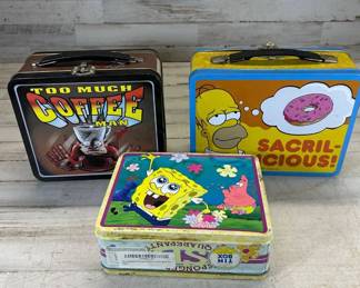 Lot #219 Lot 3 Tin Lunch Boxes Simpsons SpongeBob Too Much Coffee Man Cartoon Collectible