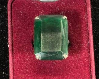 Lot #45 Large Emerald Cut Green Stone Sterling Silver Cocktail Ring