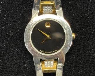 Lot #74 Movado Swiss Made Ladies Two-Tone Bangle Watch Black Museum Dial Diamond Accents