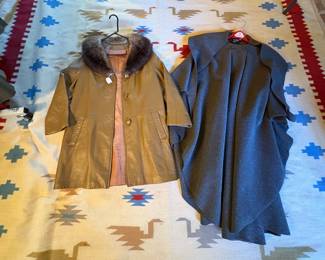 Vintage leather and fur jacket, wool cape