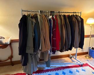 Burberry coats on left, Willis & Geiger safari coats, Lands End Rugby shirts all vintage, High end wool sport coats