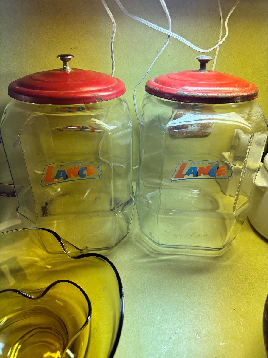2 Vintage Lance Cracker Cookie Store Jar w/Red Metal Lid 