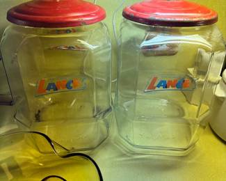 2 Vintage Lance Cracker Cookie Store Jar w/Red Metal Lid 