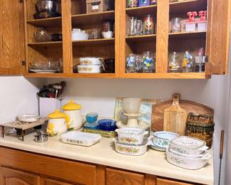 Pyrex, Corning ware, misc dishes, vintage & collectible cups, cookie jars. 