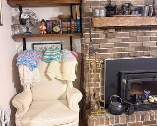 Chair, fire place items, antique & vintage decor. Handmade blankets & afghans 