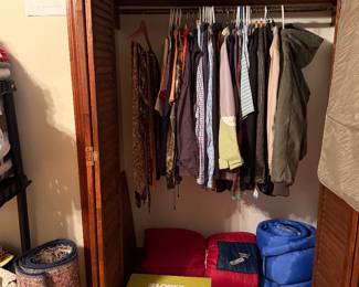 Men’s clothe, sleeping bags, rugs, security cameras 