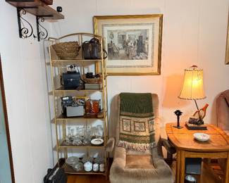 Chair & couch matching, end table & coffee table, vintage picnic basket, vintage cameras, crystal dishes & art 