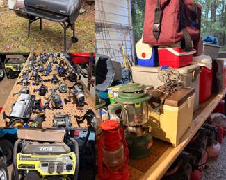 Off set smoker, generator, misc camping supplies, lantern, coolers, fishing rods & reels