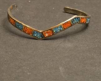 Southwestern Style Turquoise and Coral Inlay Chevron Cuff Bracelet