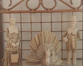 Vintage Philippines Straw and Wood Thanksgiving Figurine Set