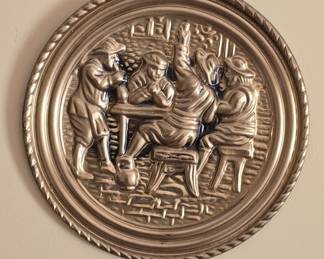 Vintage Embossed Brass Tavern Scene Wall Plate
