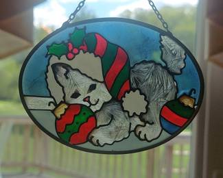 Vintage Joan Baker Christmas Cat Faux Stained Glass Suncatcher