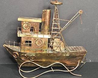 Vintage Copper Fishing Trawler Music Box, Possibly Curtis Jere Style
