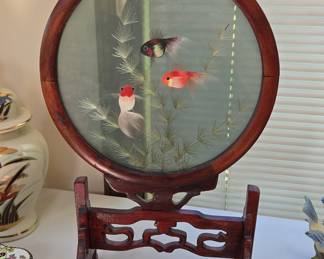 Vintage Chinese Double-Sided Silk Embroidery Table Screen with Goldfish