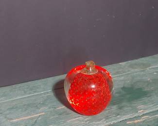 Vintage Controlled Bubble Red Glass Apple Paperweight, Likely Made in Japan