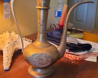 Vintage Indian Etched Brass Aftaba Ewer
