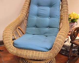 Vintage Rattan Swivel Rocker Chair with Blue Cushion