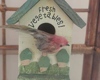 Decorative Wooden Birdhouse with Feathered Bird Figurine