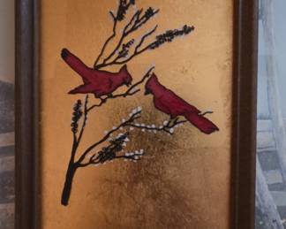 Vintage Cardinal Reverse-Painted Glass Art