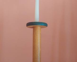 Vintage Industrial Textile Mill Spool Candlestick with Teal Blue Accent