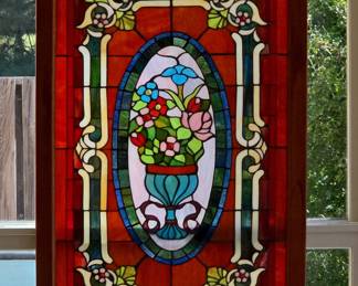 Victorian-Style Stained Glass Floral Window Panel with Urn