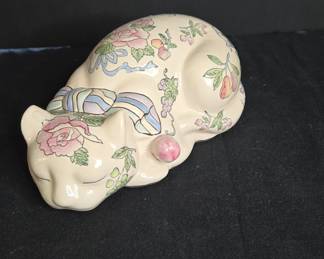 Vintage Chinoiserie Floral Ceramic Sleeping Cat Figurine with Bow
