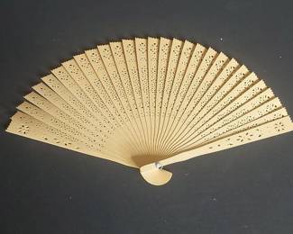 Vintage Sandalwood Folding Hand Fan with Floral and Geometric Cutouts