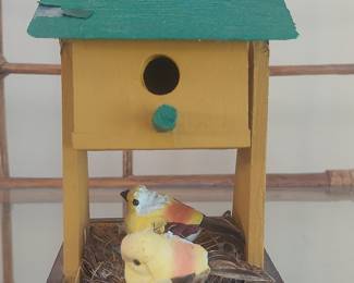 Vintage Yellow Folk Art Birdhouse with Nesting Figurines