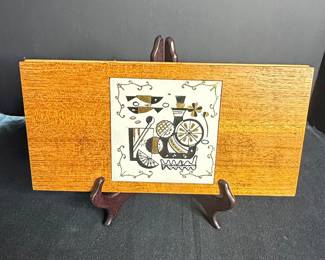 Mid-Century Modern Ceramic Tile Barware Set with Wood Caddy