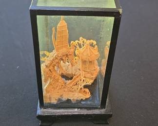 Vintage Chinese Cork Diorama with Pagoda and Pavilion in Glass Case