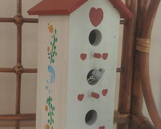 Hand-Painted Folk Art Decorative Birdhouse with Bird Figurine