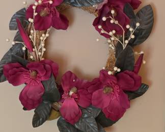 Artificial Magnolia Wreath with Magenta Blossoms