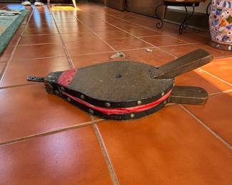 Vintage Red Bellows with Wood Handles and Metal Studs