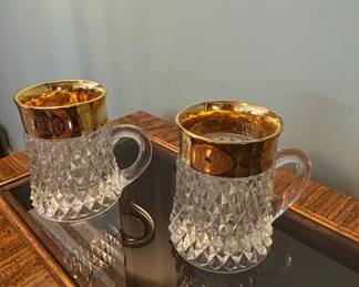 Vintage Indiana Glass Diamond Point Tankards with Gold Rims