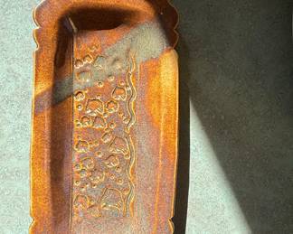 Vintage Studio Pottery Rectangular Serving Tray with Scalloped Edge and Impressed Botanical Pattern