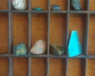 Vintage Printer's Tray with Assorted Mineral and Gemstone Specimens