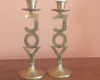 Vintage International Silver Co. Solid Brass JOY Candlestick Set