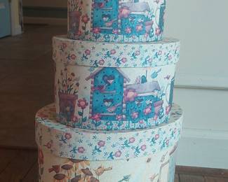 Set of 3 Nesting Decorative Cardboard Storage Boxes - Folk Art Garden Theme