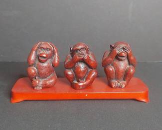 Three Wise Monkeys Red Lacquer Figurine Set