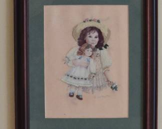 Vintage Jan Hagara Girl with Doll Embroidered Art