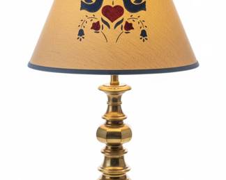 Vintage Brass Table Lamp with Folk Art Heart and Bird Shade
