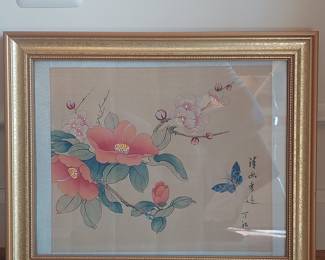 Vintage Chinese Gongbi Watercolor Painting on Silk, Flowers and Butterfly, Signed
