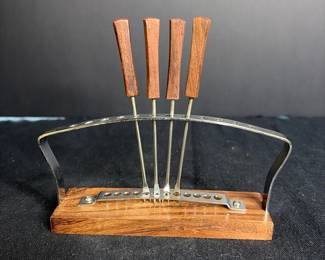 Mid-Century Modern Teak and Stainless Steel Hors d'Oeuvre Fork Set with Stand