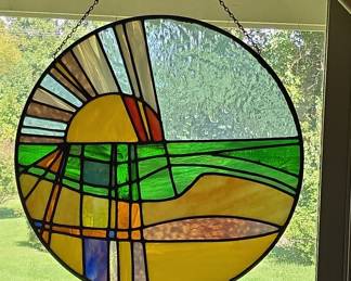 Stained Glass Sun and Landscape Hanging Panel