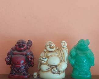 Set of Three Resin Laughing Buddha Figurines in Red, Cream, and Green