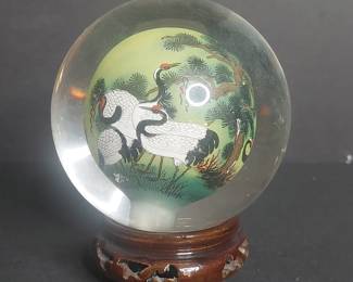Reverse Painted Glass Sphere with Cranes and Pine Motif