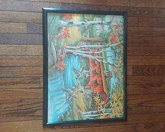 Vintage Paint-by-Number Covered Bridge Landscape