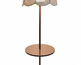 Vintage Mid-Century Floor Lamp with Integrated Tray Table and Wicker Shade