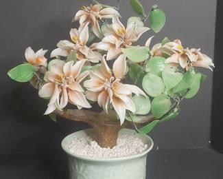 Vintage Chinese Glass Flower Bonsai Tree in Celadon Pot