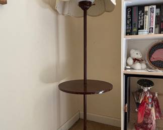 Vintage Mid-Century Modern Floor Lamp with Integrated Table and Wicker Shade